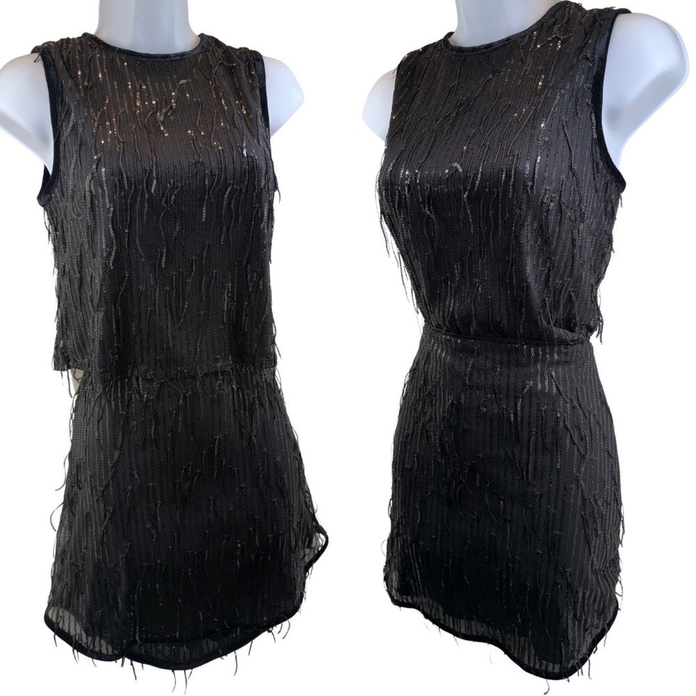 Avec Les Filles Black Sequin Fringe Top Mini Skirt Set Sz XS / S Western Rodeo *